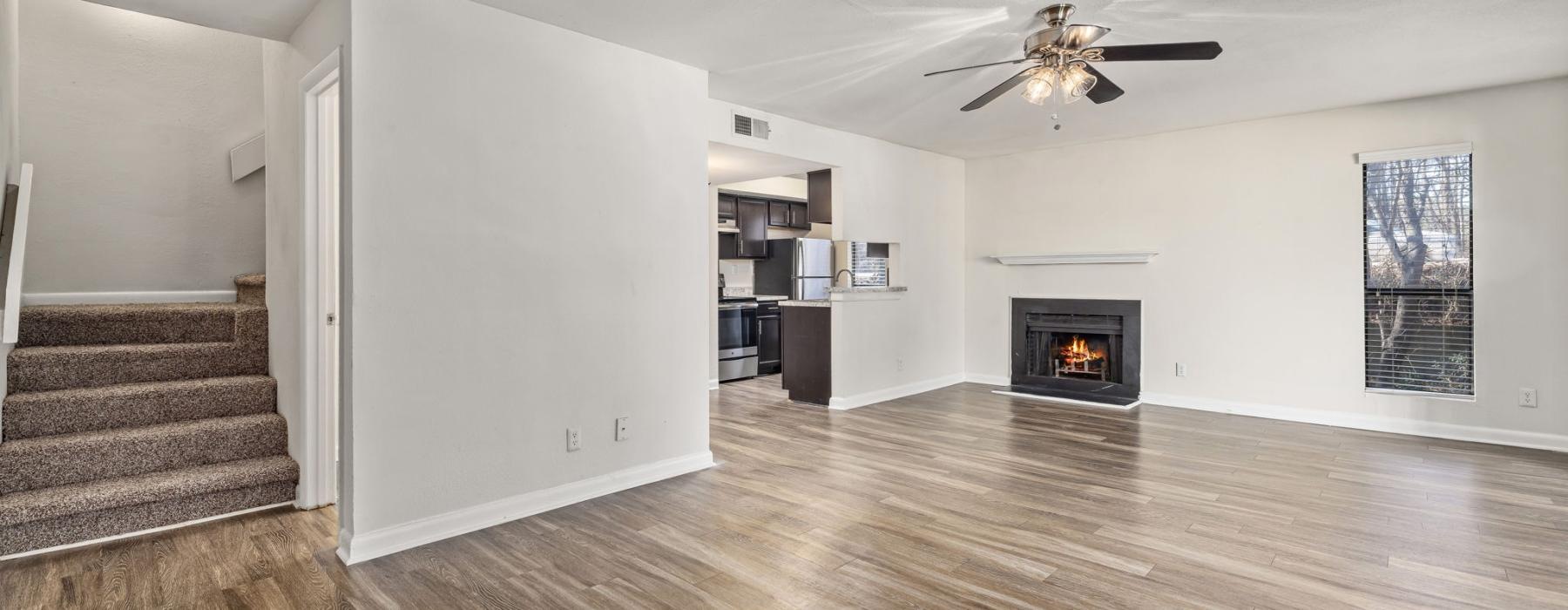 a living room with a fireplace